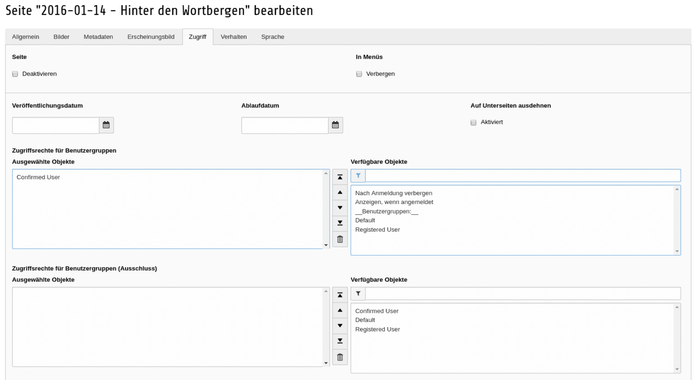 TYPO3 Seiteneigenschaften Reiter Zugriff