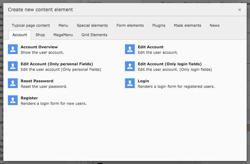 TYPO3 Account Content Elements