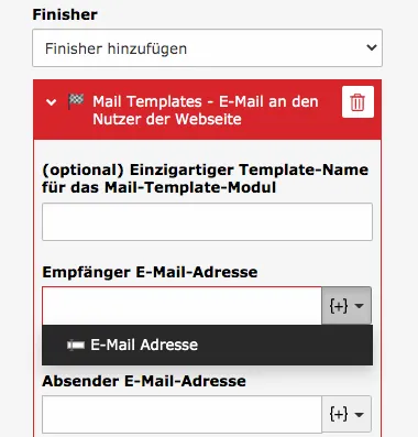 TYPO3 Modul Formulare Finisher Mail Templates Erforderliches Feld: Empfänger E-Mail-Adresse