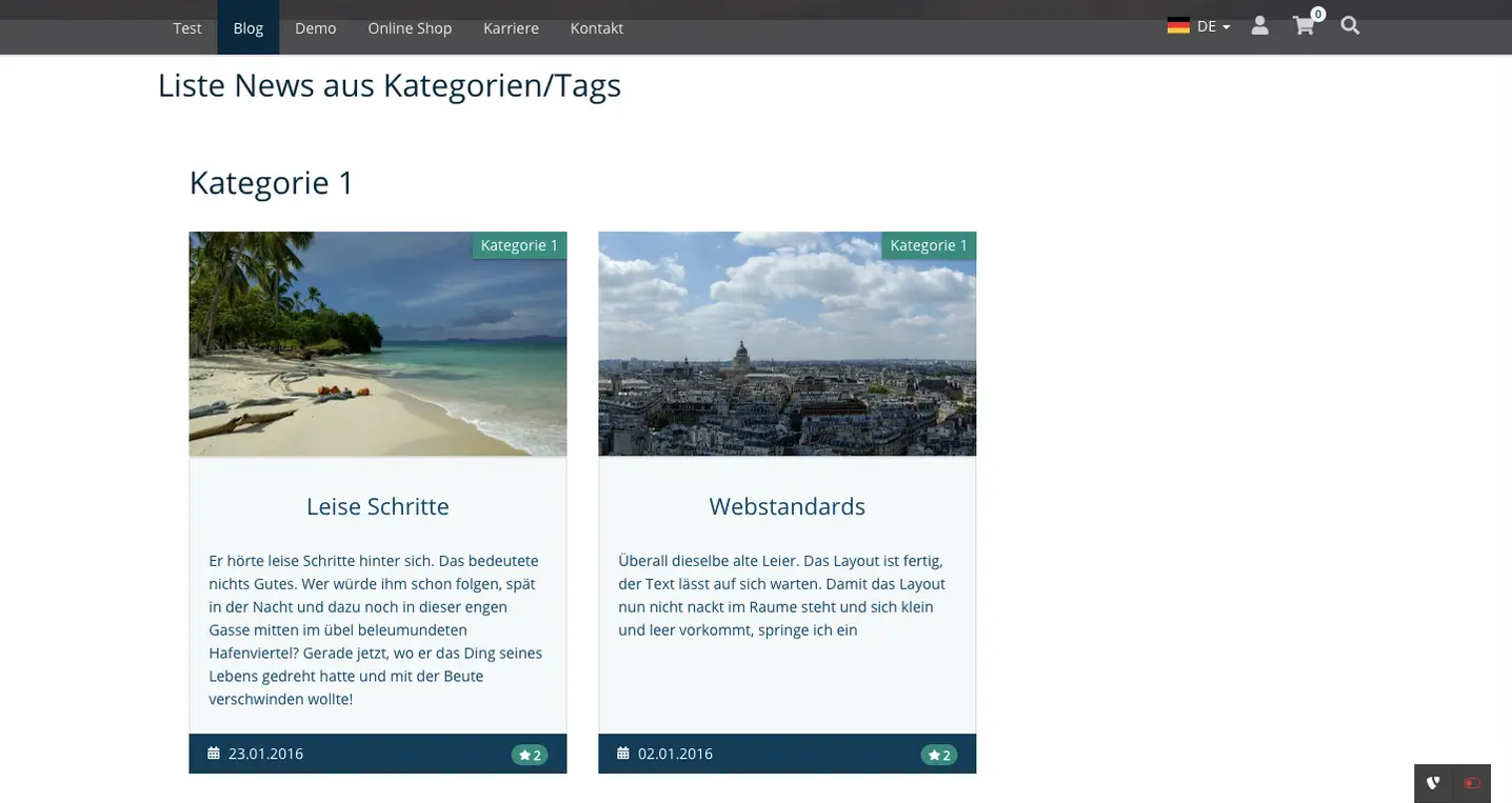 TYPO3 Inhaltselement Liste News aus Kategorien Tags Frontend