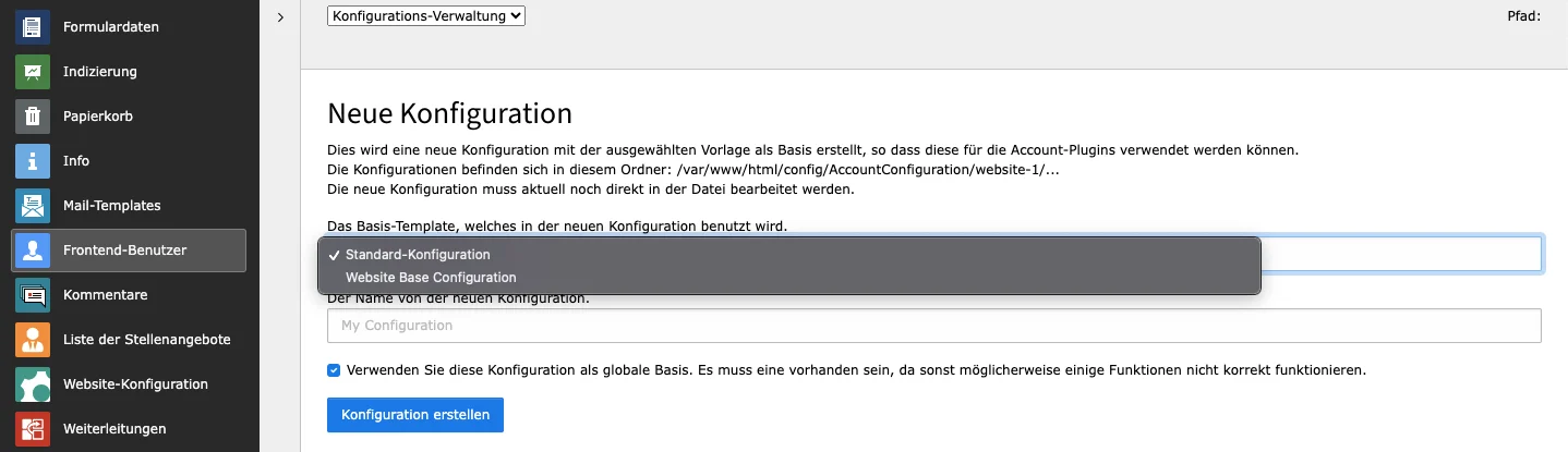 TYPO3 Backend Modul Frontend-Benutzer Funktionsbereich Konfigurations-Verwaltung