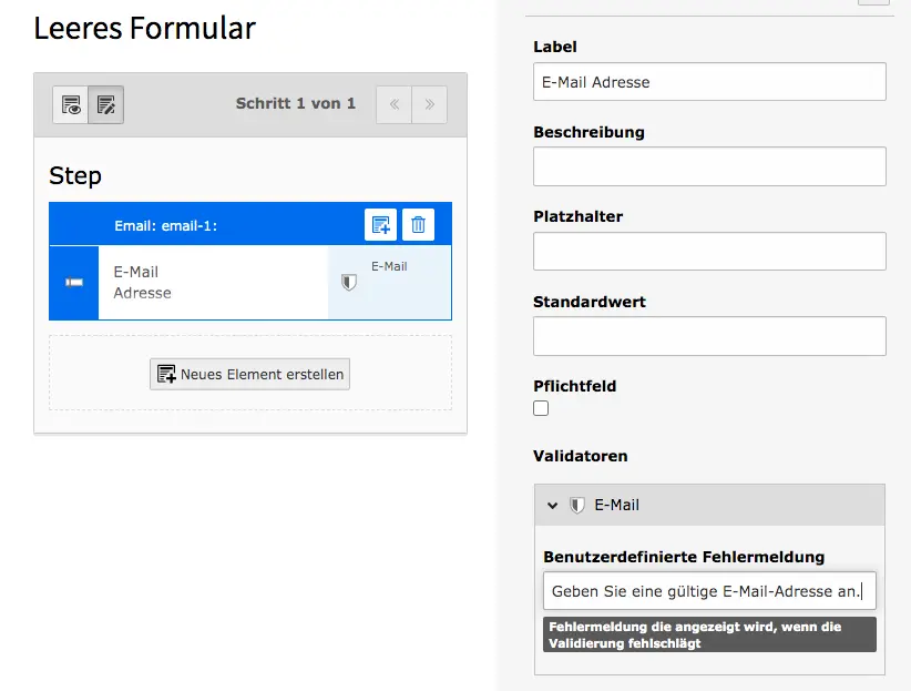 TYPO3 Modul Formulare Formular-Element Validator E-Mail