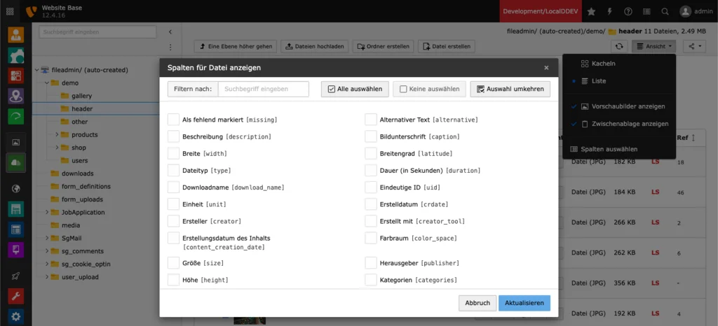 TYPO3 Dateiliste Spalten auswählen