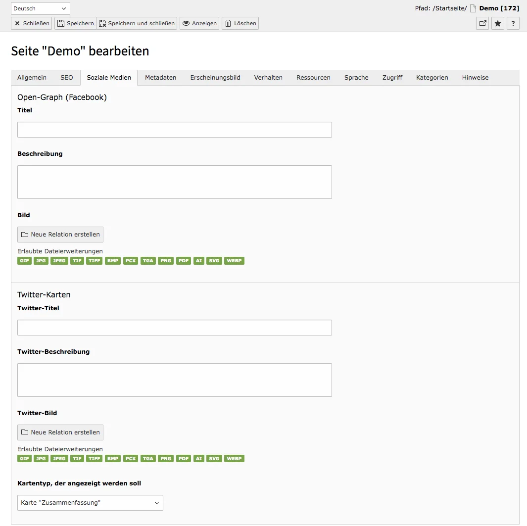 TYPO3 Seiteneigenschaften Reiter Soziale Medien