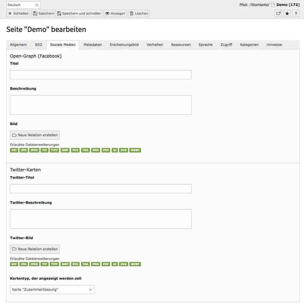 TYPO3 Seiteneigenschaften Reiter Soziale Medien