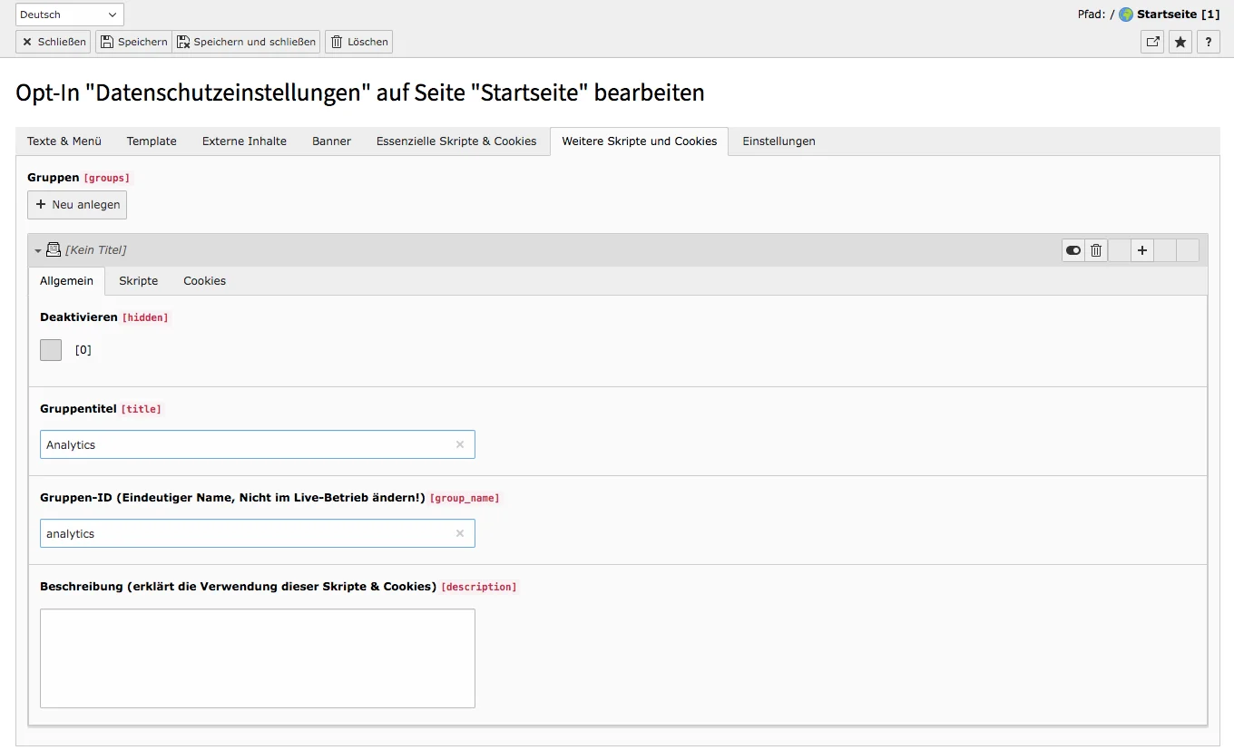 Cookie Consent TYPO3 Reiter Weitere Skript- und Cookie Gruppen Allgemein