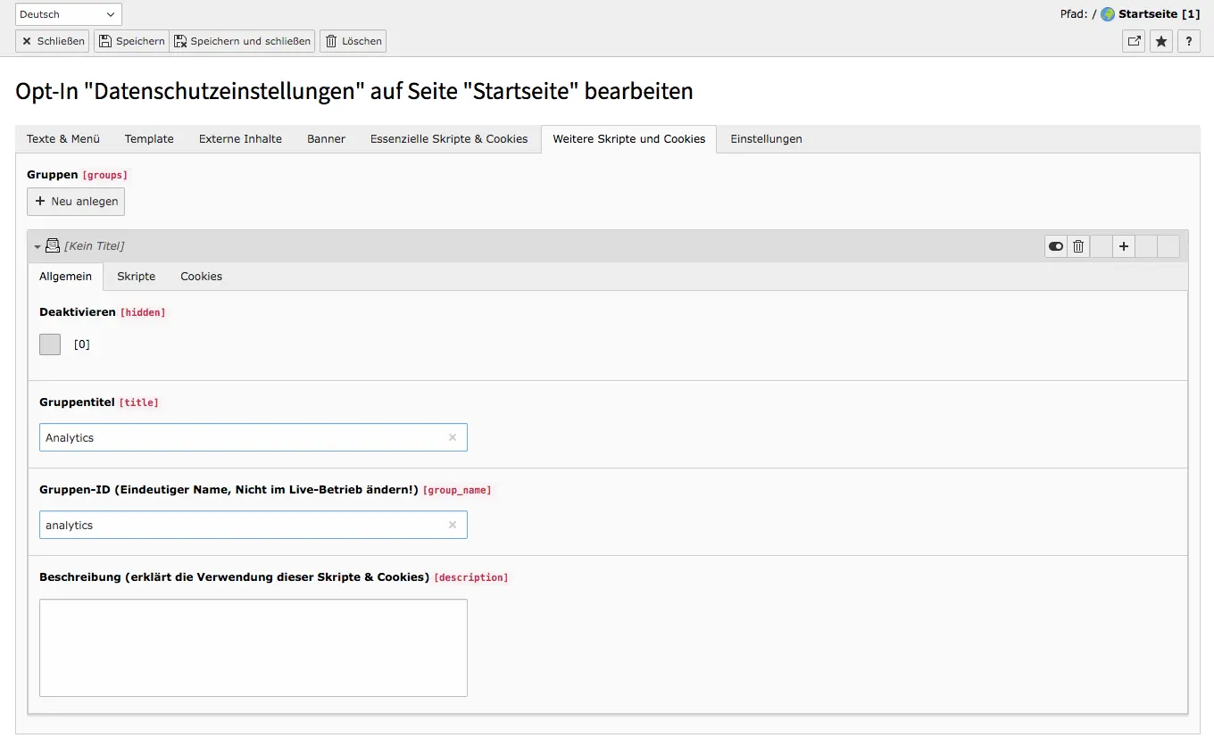 Cookie Consent TYPO3 Reiter Weitere Skript- und Cookie Gruppen Allgemein