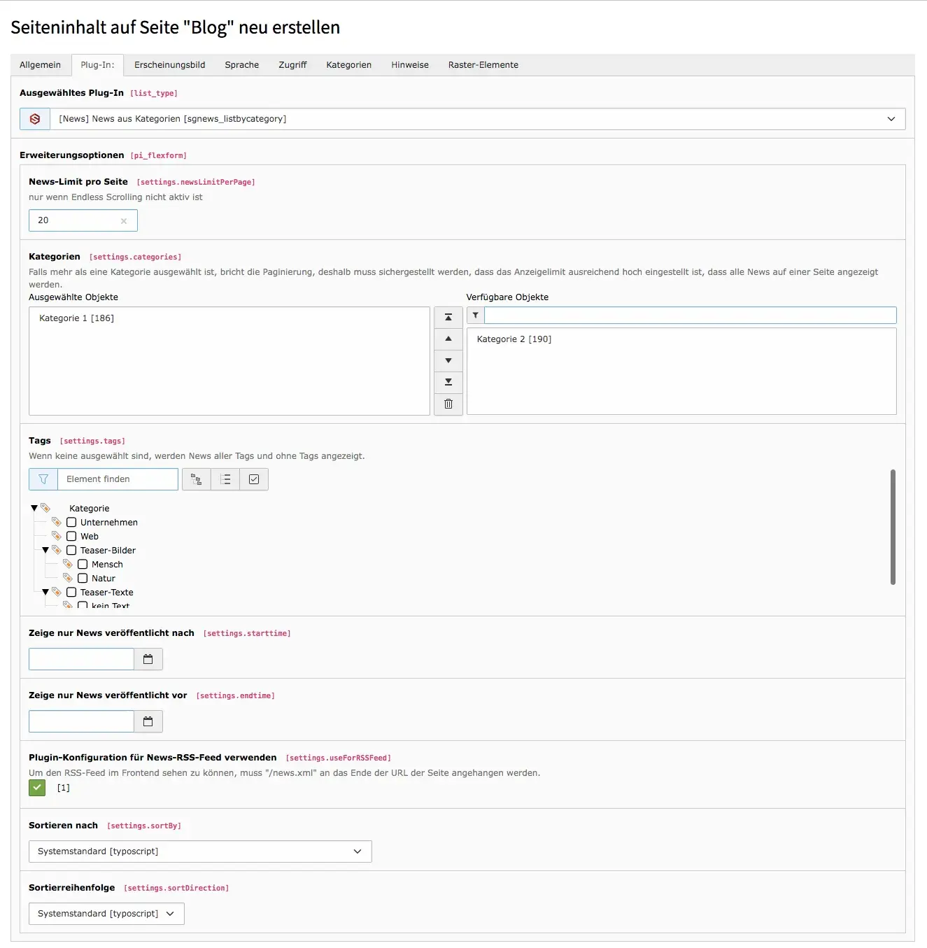 TYPO3 Inhaltselement News Liste News aus Kategorien Tags Backend Reiter Plug-In