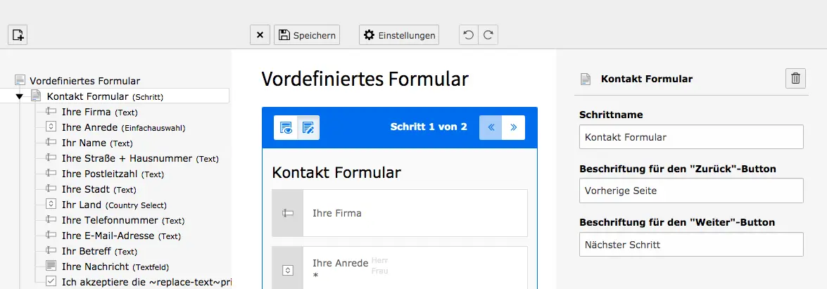 TYPO3 Modul Formulare Formular-Schritt bearbeiten