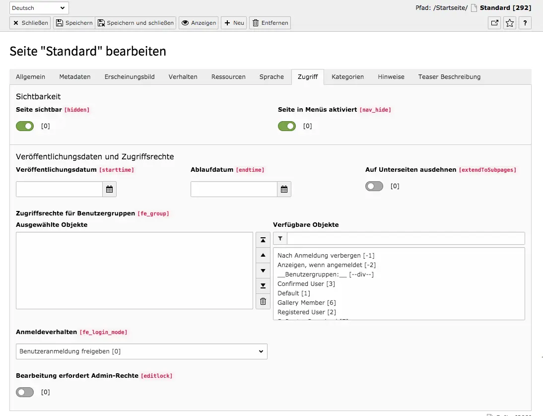 TYPO3 Seiteneigenschaften Reiter Zugriff