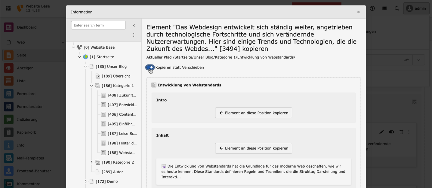 TYPO3 Inhaltselemente zwischen Seiten verschieben