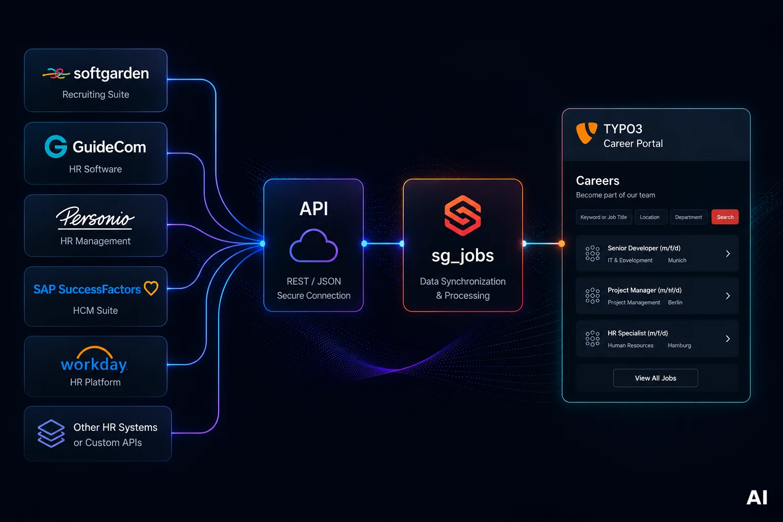 Diagram of HR systems connecting via API to sg_jobs for TYPO3 career portal job sync.