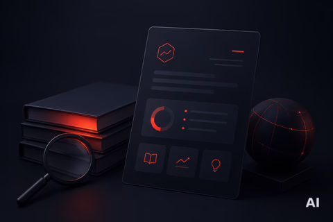 3D render: stack of glowing black books, magnifying glass, tablet with analytics dashboard and pie chart, red-lined globe on dark background.