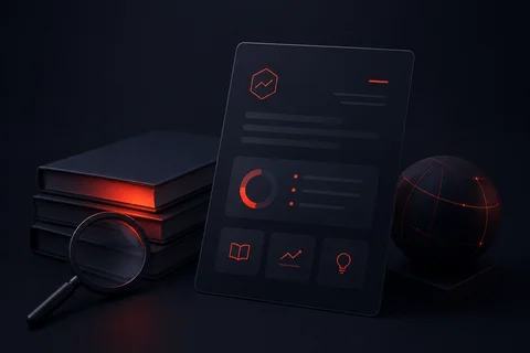 Tablet mit Analysedashboard, Kreisdiagramm und Icons neben Bücherstapel, Lupe und leuchtendem Globus.
