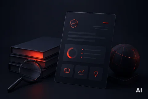 3D render: stack of glowing black books, magnifying glass, tablet with analytics dashboard and pie chart, red-lined globe on dark background.