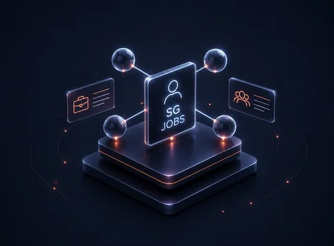 Futuristic glowing "SG JOBS" interface with person icon, linked to briefcase and team icons via luminous spheres on dark platform.
