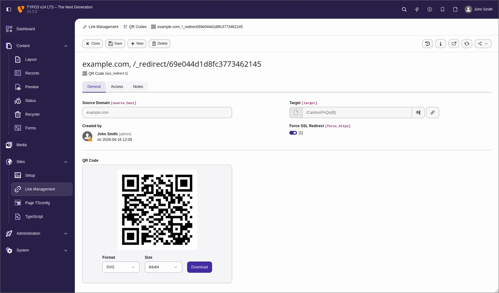 QR-Code mit Downloadoptionen im Link-Management von TYPO3 v14.