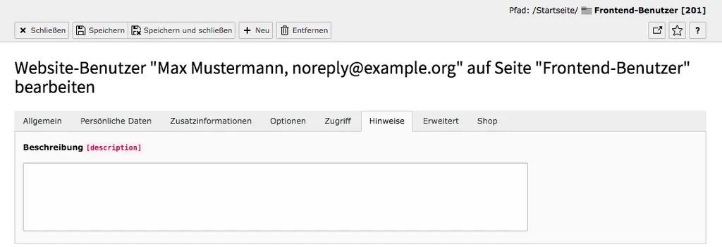 TYPO3 Modul Frontend-Benutzer bearbeiten Reiter Hinweise