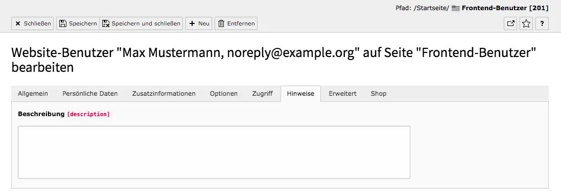 TYPO3 Modul Frontend-Benutzer bearbeiten Reiter Hinweise