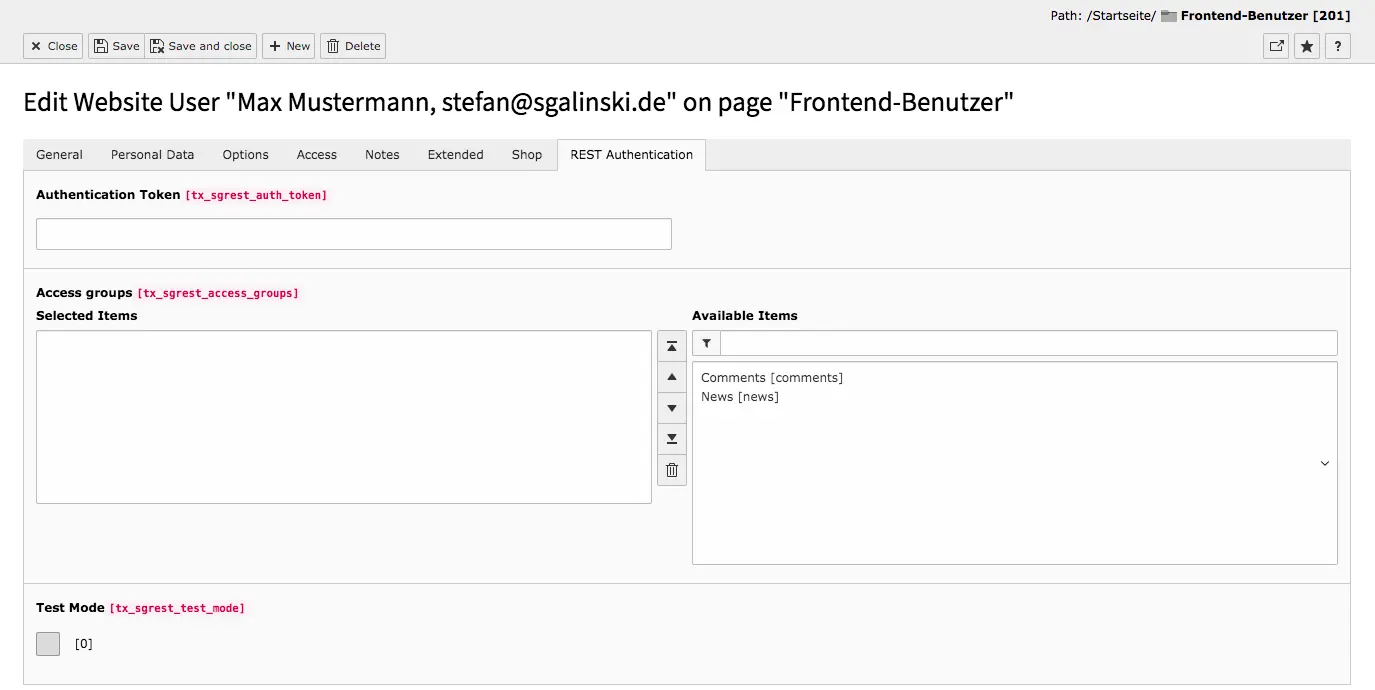 TYPO3 Backend Module Frontend Users Edit User Tab REST Authentication