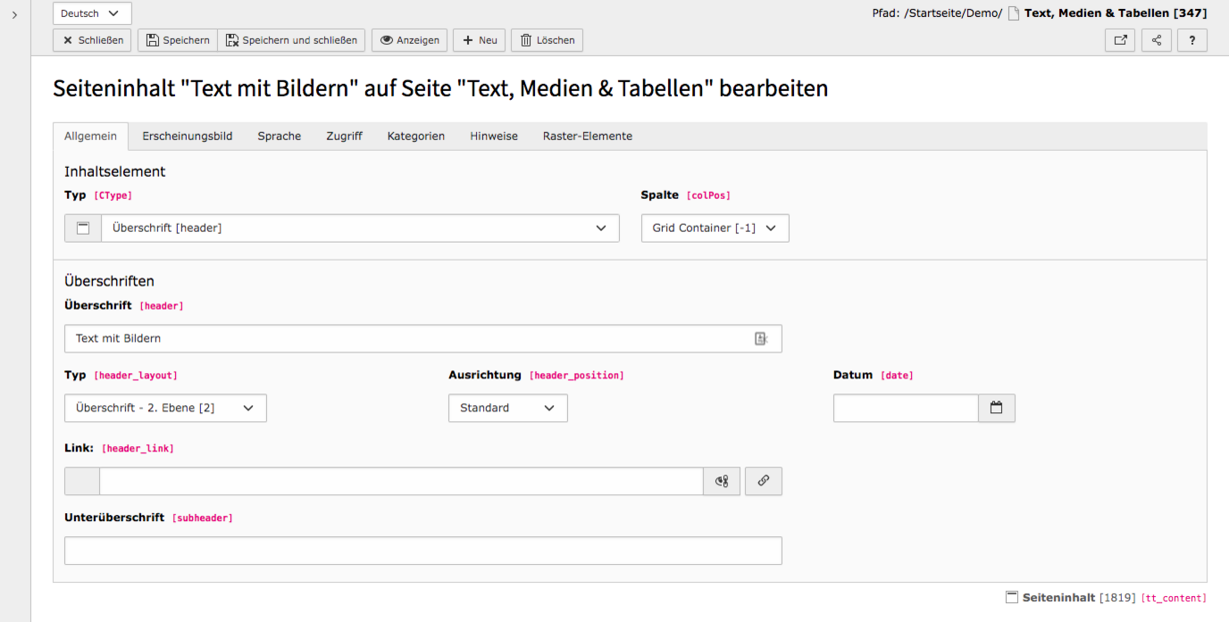 TYPO3 Inhaltselement Nur Überschrift