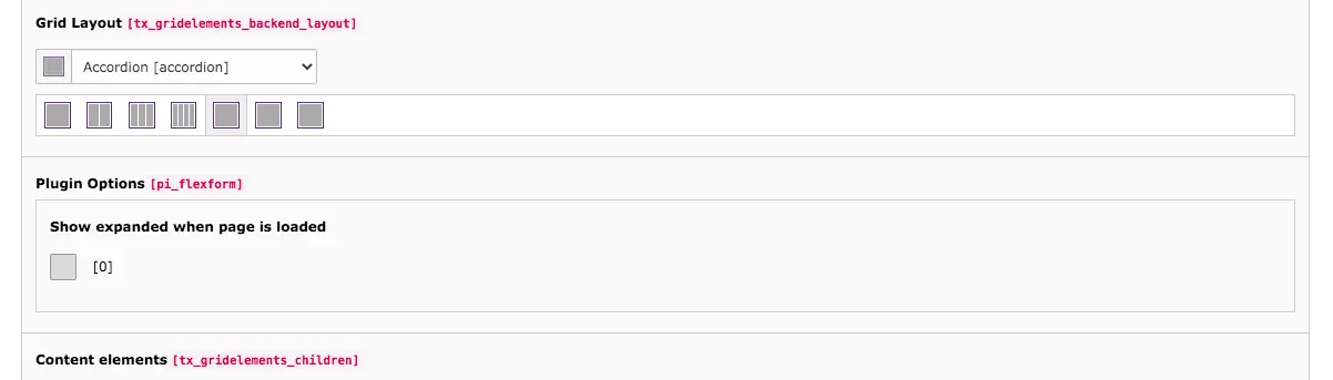 TYPO3 Content Element Grid Element Accordion Backend Tab General Grid Layout Plugin Options  