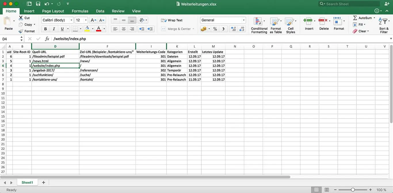 Export für die Ansicht in Excel, Numbers, usw.