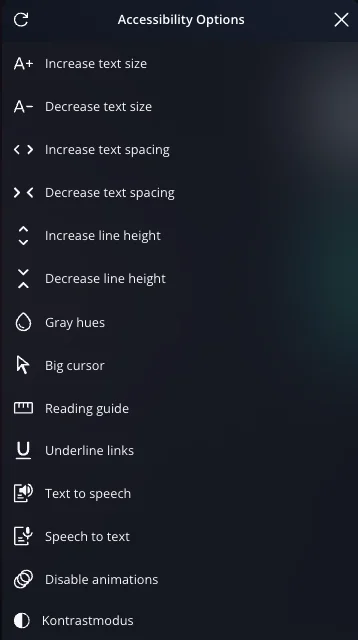 Accessibility Options menu with text size, spacing, cursor, speech, and animation settings.