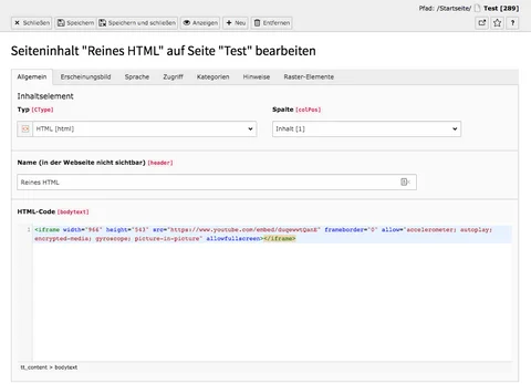TYPO3 Inhaltselement Reines HTML Reiter Allgemein