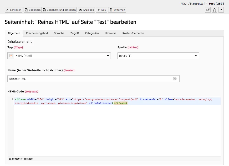 TYPO3 Inhaltselement Reines HTML Reiter Allgemein