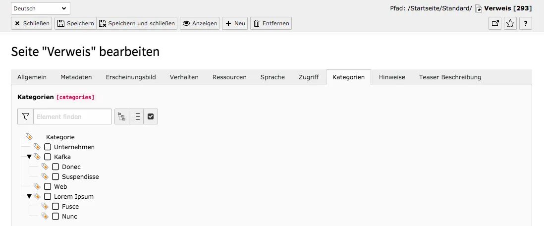 TYPO3 Seiteneigenschaften Tab Kategorien