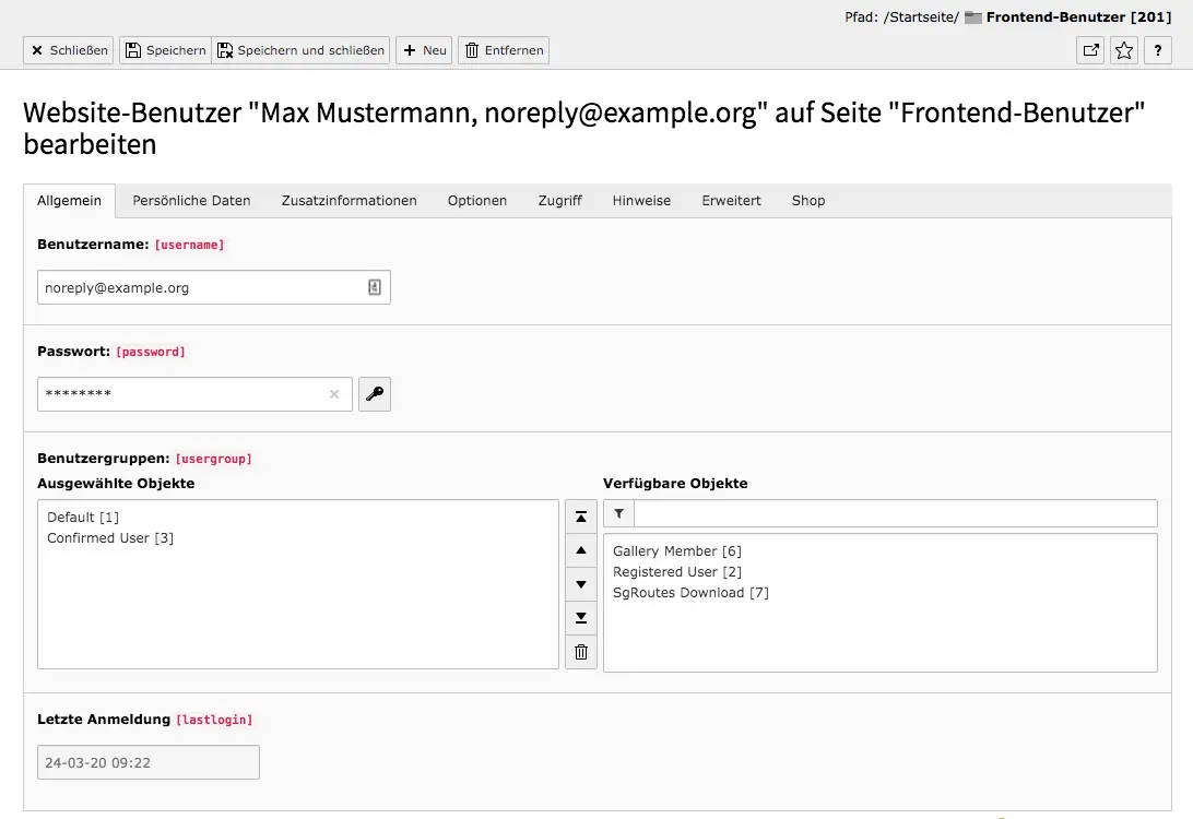 TYPO3 Modul Frontend-Benutzer bearbeiten Reiter Allgemein