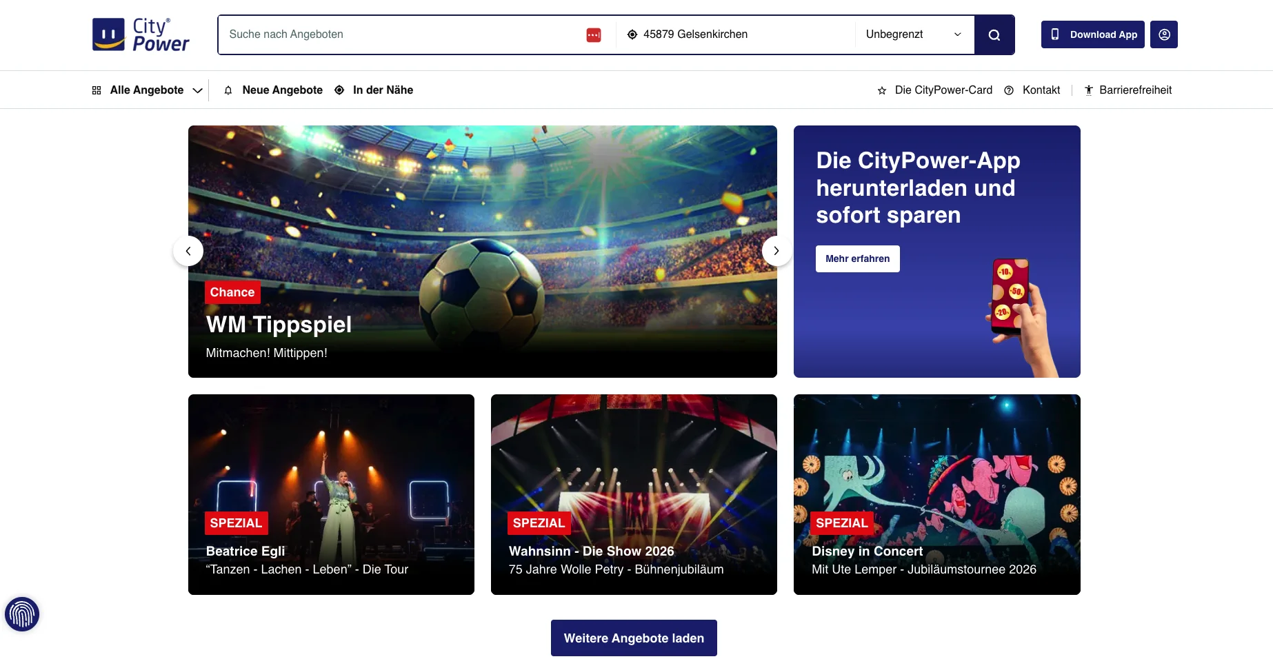 City Power Website mit WM-Tippspiel im Stadion, App-Werbung und Konzertangeboten