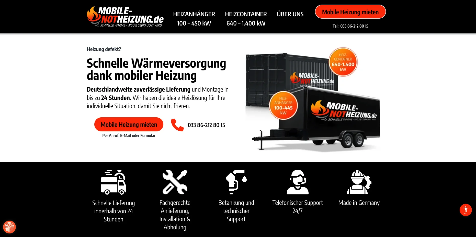 Homepage Mobile-Notheizung.de mit Heizanhängern, Containern und Mietbutton für mobile Wärmeversorgung.