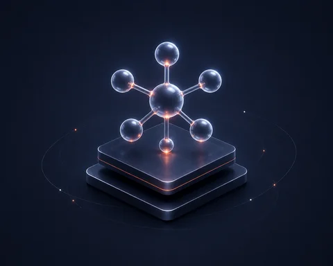 Glowing 3D molecular model with central sphere and five connected atoms above a dark digital platform.