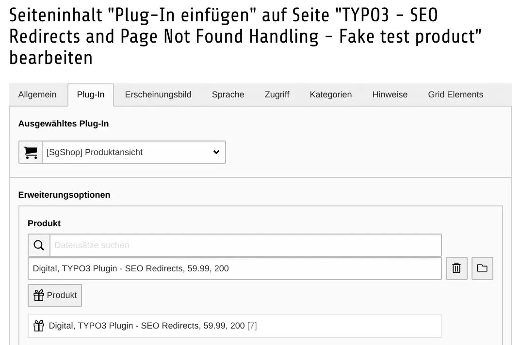 TYPO3 Inhaltselement Produktansicht Backend Reiter Plug-In 