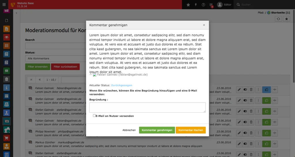 TYPO3 Kommentar genehmigen
