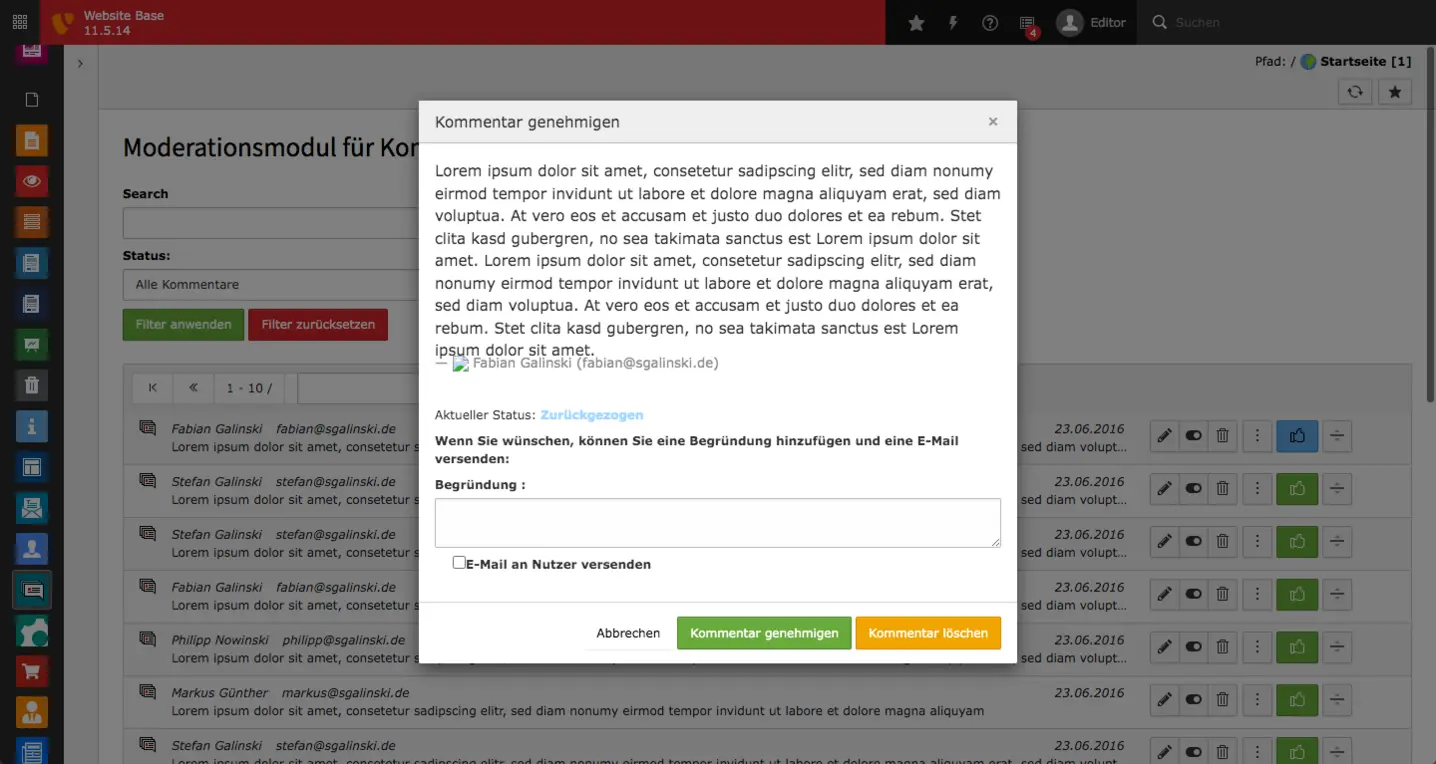 TYPO3 Kommentar genehmigen