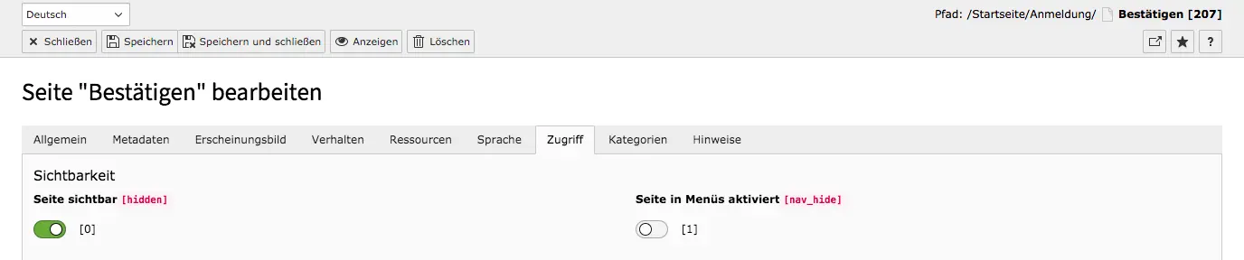 TYPO3 Seiteneigenschaften Reiter Zugriff Seite in Menüs deaktiviert