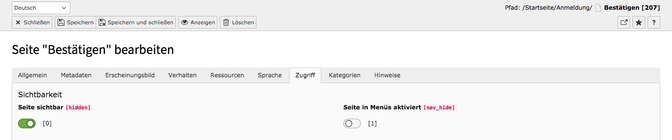 TYPO3 Seiteneigenschaften Reiter Zugriff Seite in Menüs deaktiviert