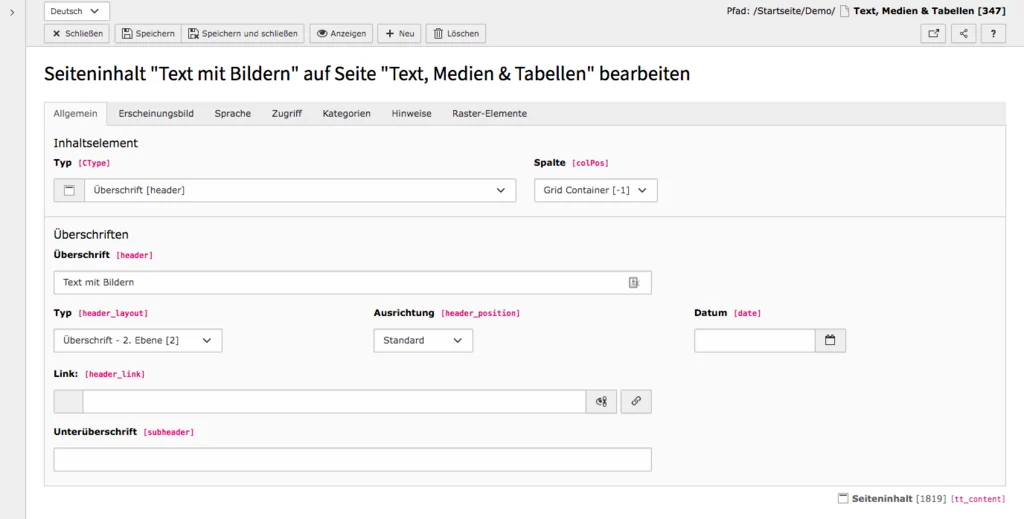 TYPO3 Content Element Header Only Tab General Backend