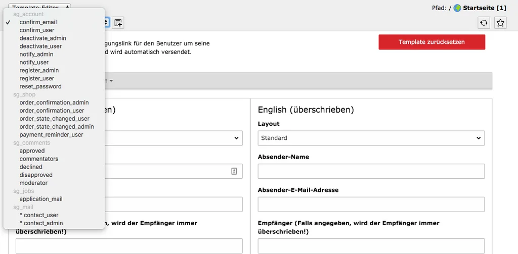 TYPO3 Modul Mail-Templates Verfügbare Templates