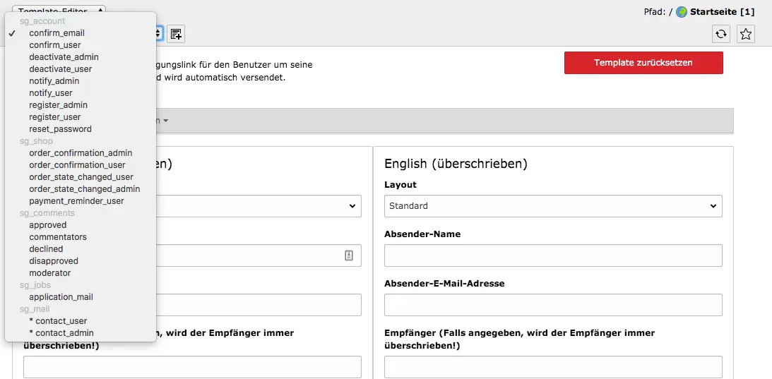 TYPO3 Modul Mail-Templates Verfügbare Templates