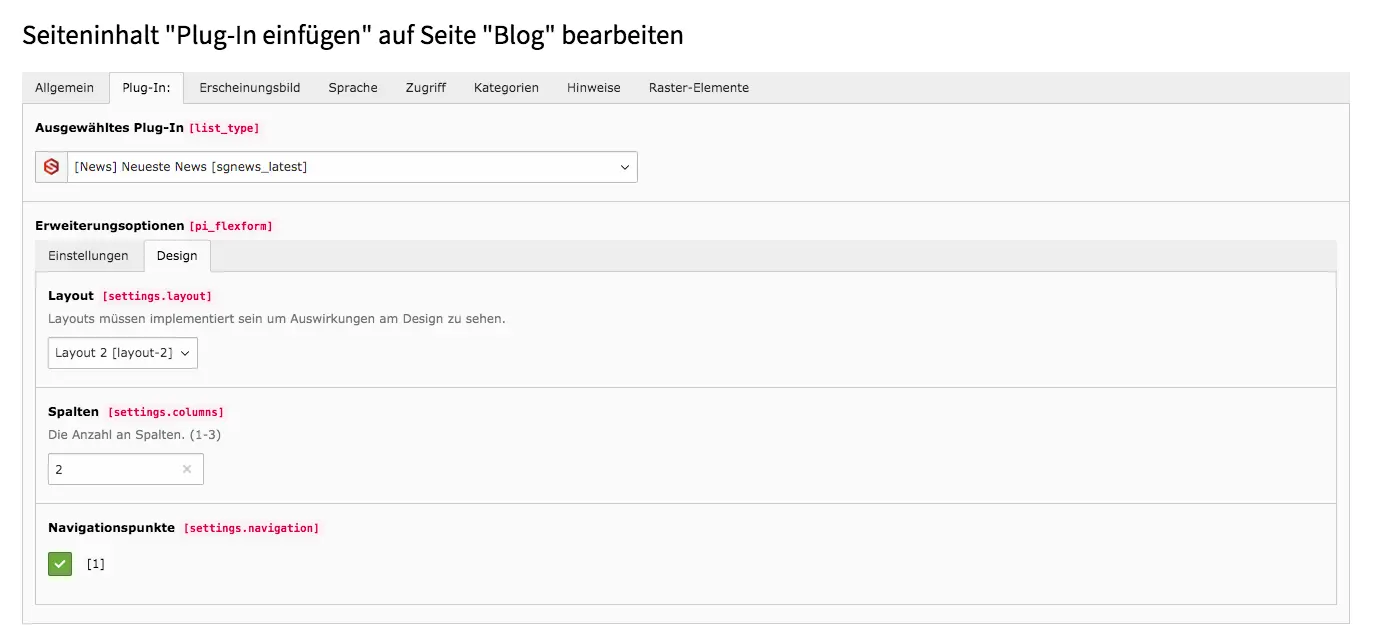 TYPO3 Inhaltselement Neueste News Backend Reiter Plug-In Unterreiter Design