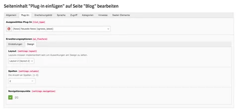 TYPO3 Inhaltselement Neueste News Backend Reiter Plug-In Unterreiter Design