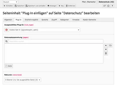 TYPO3 Inhaltselement Plug-In Cookie-Opt-In Frontend