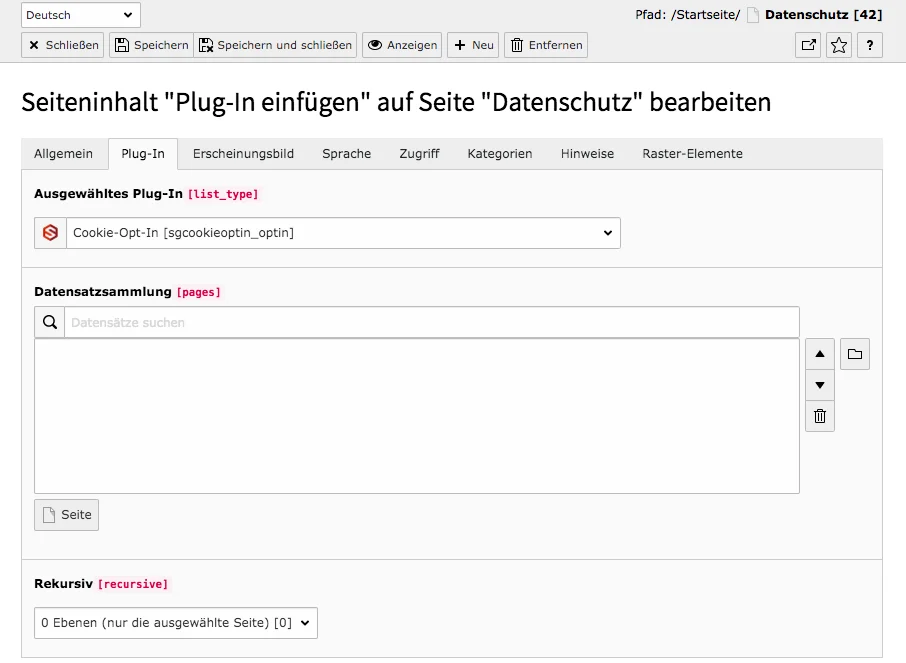 TYPO3 Inhaltselement Plug-In Cookie-Opt-In Frontend