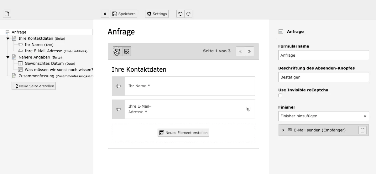 TYPO3 Modul Formulare Formular-Vorschau