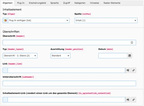 TYPO3 Inhaltselement Indexsuche Plugin Tab Allgemein
