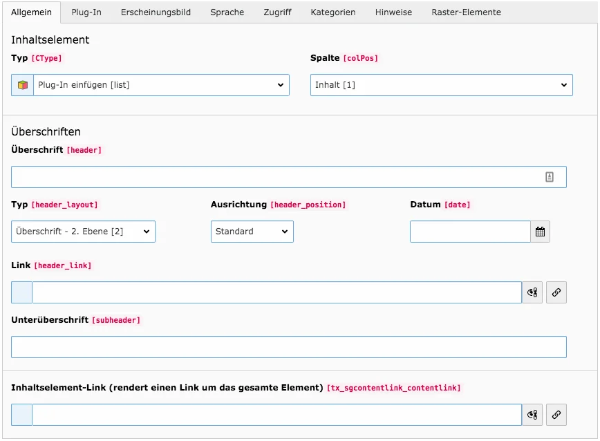 TYPO3 Inhaltselement Indexsuche Plugin Tab Allgemein